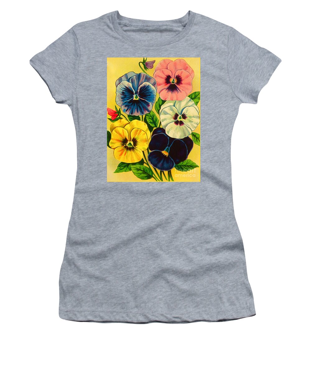 This Is A Photograph Of An Authentic 100 Year Old Seed Packaging Label. Women's T-Shirt featuring the photograph Pansy Flowers Antique Packaging Label by Robert Birkenes