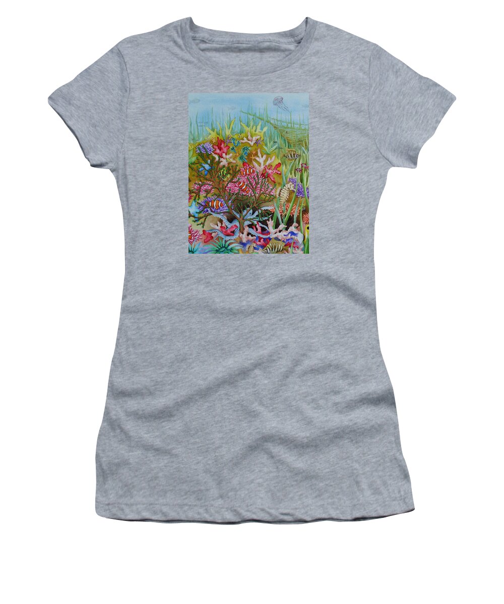 Print Women's T-Shirt featuring the painting Thriving Ocean -Sunken Ship by Katherine Young-Beck