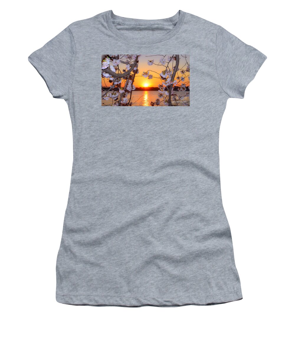 2012 Centennial Celebration Women's T-Shirt featuring the photograph Tidal Basin Sunset with Cherry Blossoms by Jeff at JSJ Photography