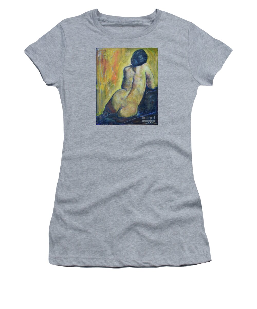 Woman Women's T-Shirt featuring the painting Tiina - Back of Nude Woman by Raija Merila