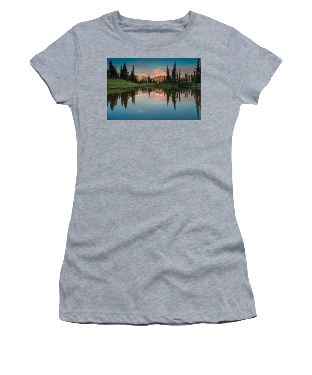 Mt. Ranier; Clouds;lake; Moon; Mountains; Picture Lake; Reflection; Seattle Women's T-Shirt featuring the photograph Tipsoo Lake Mt. Rainier Washington by Larry Marshall