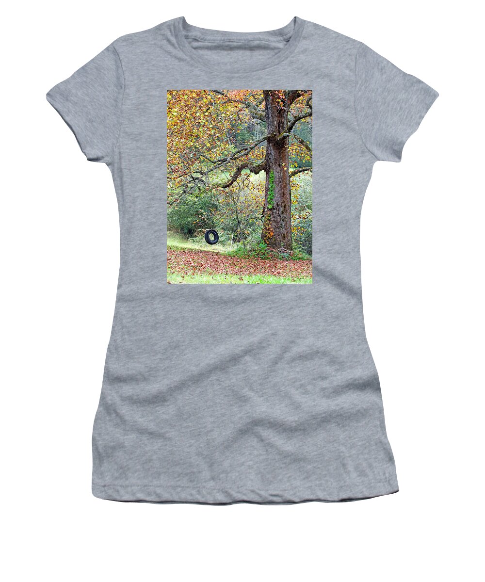 Duane Mccullough Women's T-Shirt featuring the photograph Tire Swing and Poplar Tree by Duane McCullough