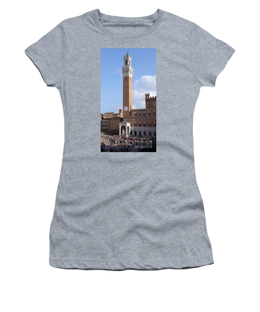 Torre Del Mangia Women's T-Shirt featuring the photograph Torre del Mangia - Piazza del Campo - Siena by Phil Banks