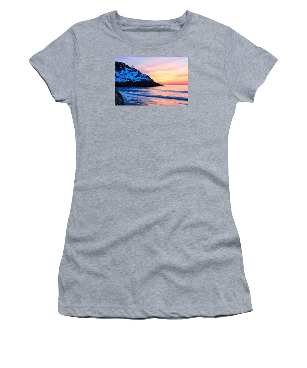 Touch Of Snow Women's T-Shirt featuring the photograph Touch of Snow Singing Beach by Michael Hubley