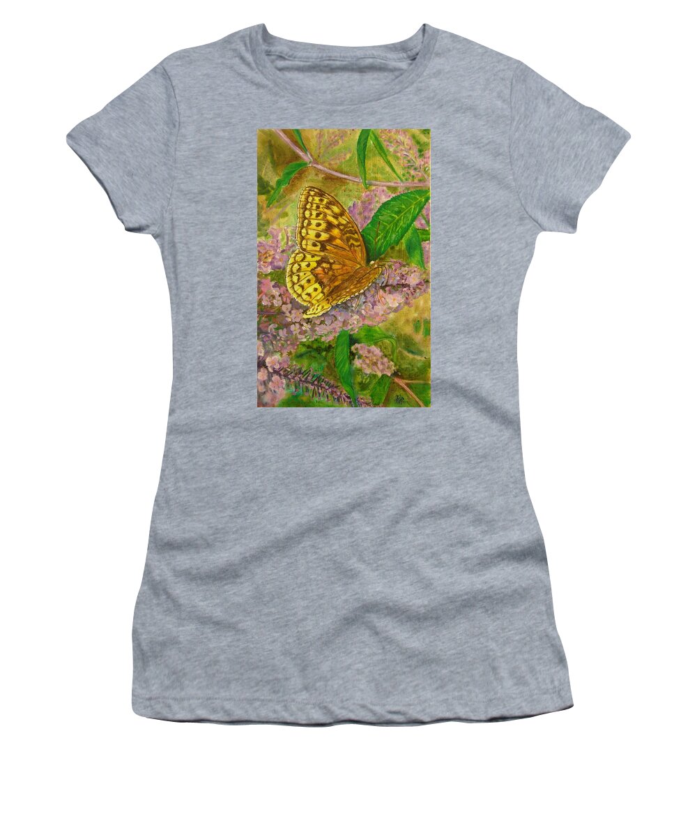 Butterfly Women's T-Shirt featuring the painting Touchdown on Purple by Nicole Angell