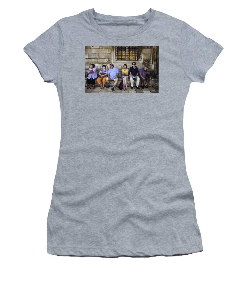 Tourists Women's T-Shirt featuring the photograph Tourists On Bench - Dubrovnik, Croatia by Madeline Ellis