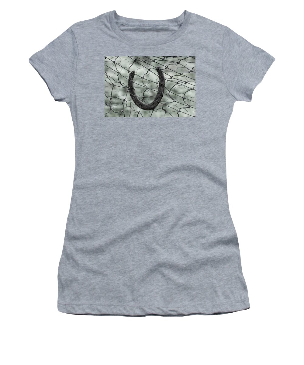 Horseshoe Women's T-Shirt featuring the photograph Trapped Horseshoe by Kathy Paynter