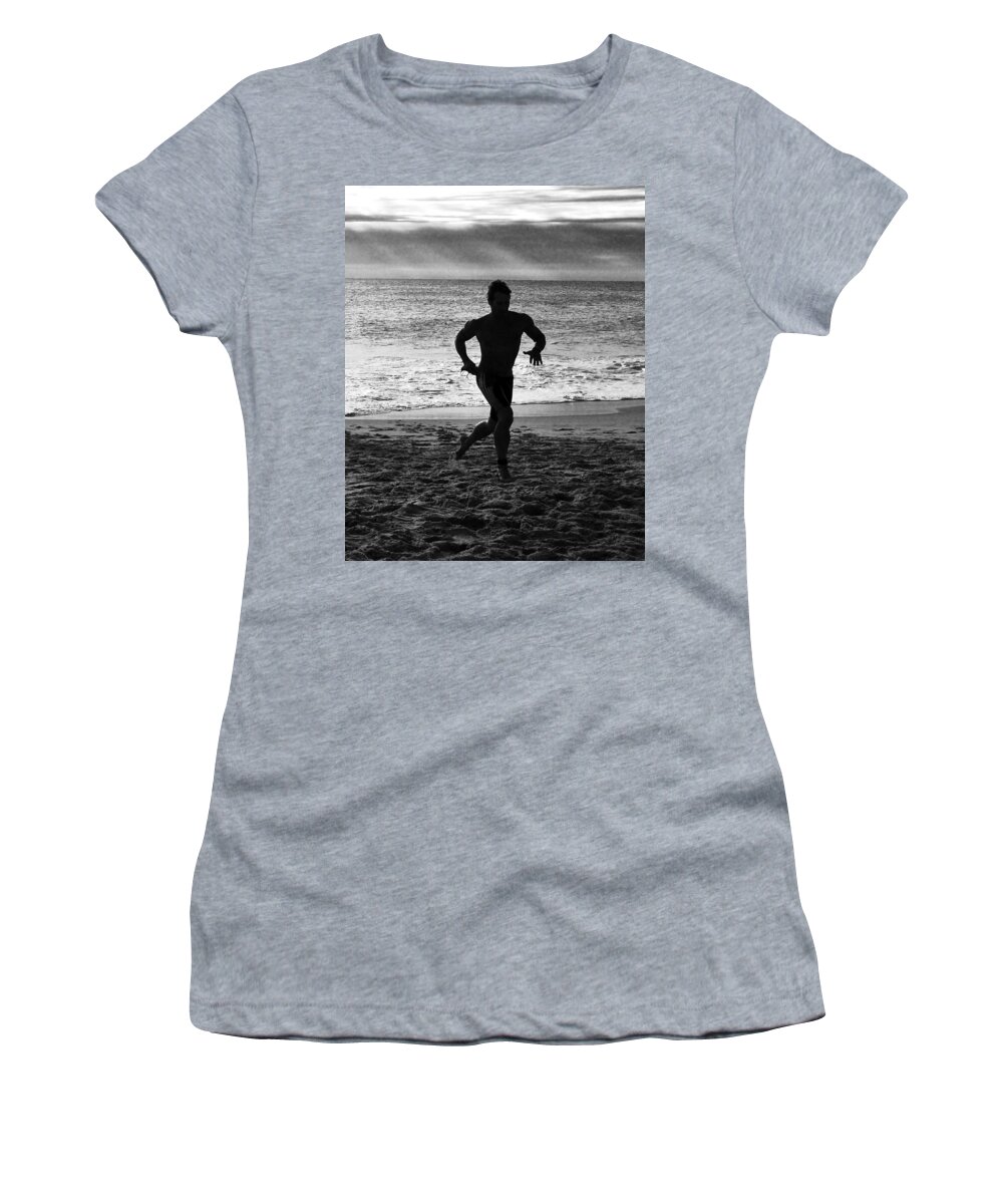 Triathalon Women's T-Shirt featuring the photograph Triathalon Runner - Black and White by Kim Bemis