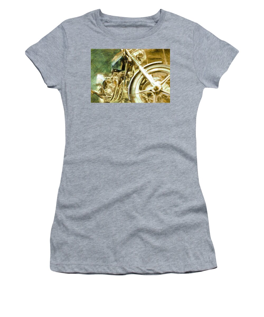 1970's; 1978; Abstract; Art; Avon Tyres; Brown; Chrome; Gold; Green; London; Motorcycle; Motorbike; Motercycle; Purple; Reflection; Show; Triumph; Chopper; Kick Start; Alloy Wheels; Fins; Cooling; Cool; 2 Into 1 Women's T-Shirt featuring the photograph Triumph Gold by Steve Taylor