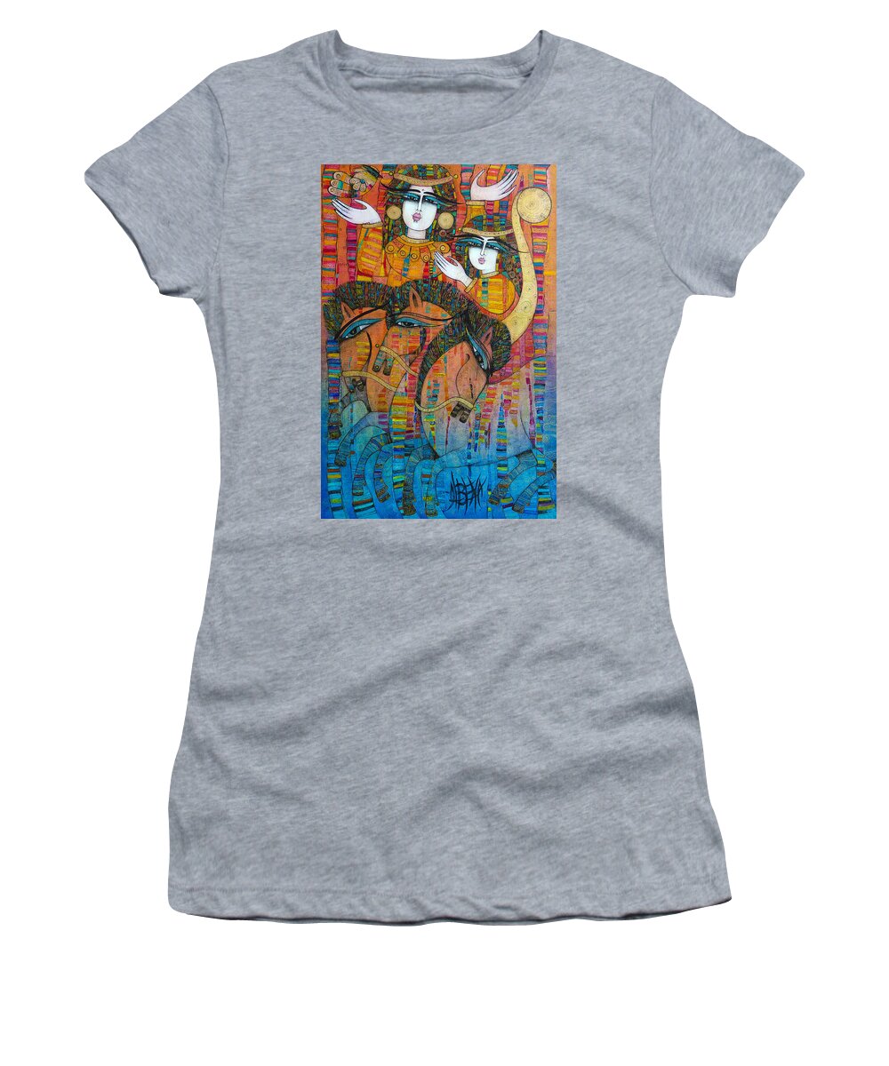 Three Women's T-Shirt featuring the painting Troyka by Albena Vatcheva