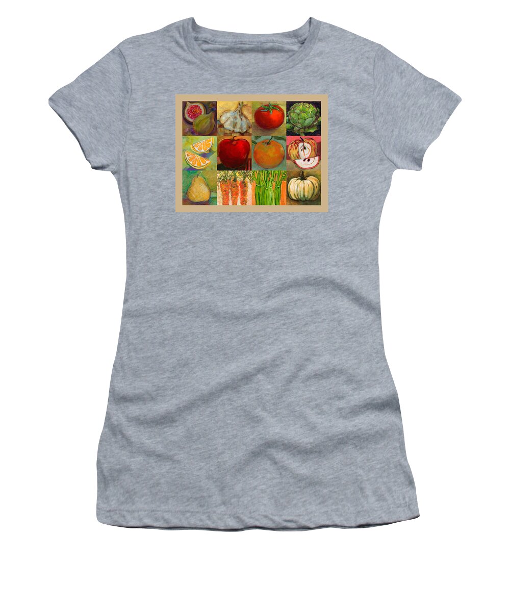 Painted Food Women's T-Shirt featuring the painting Twelve Colorful Foods Collage by Jen Norton