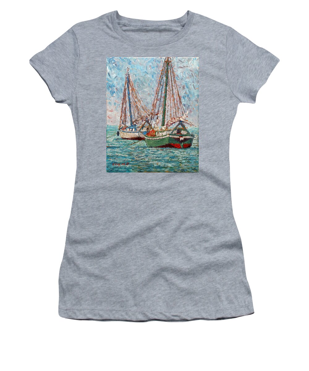 Twin Boats Women's T-Shirt featuring the painting Twin Boats by Ritchie Eyma