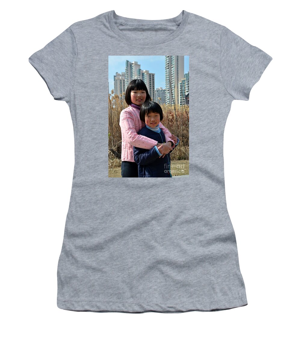 Girls Women's T-Shirt featuring the photograph Two Chinese teen sisters hug and embrace Shanghai China by Imran Ahmed