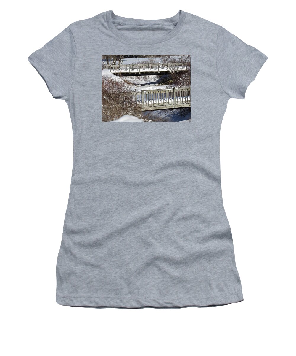 Snow Women's T-Shirt featuring the photograph Two Foot Bridges by MTBobbins Photography