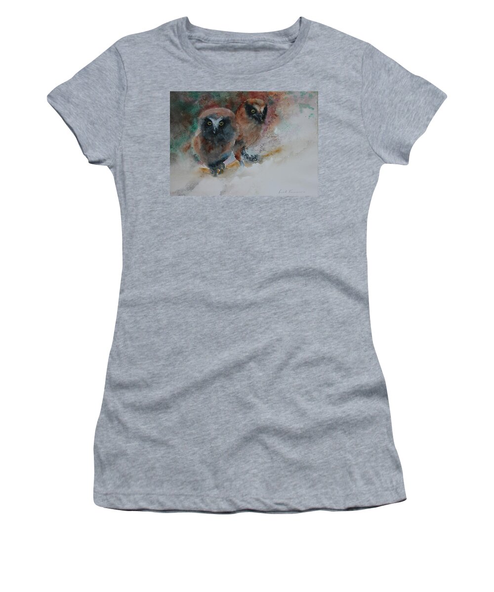 Owls Women's T-Shirt featuring the painting Two Hoots by Ruth Kamenev