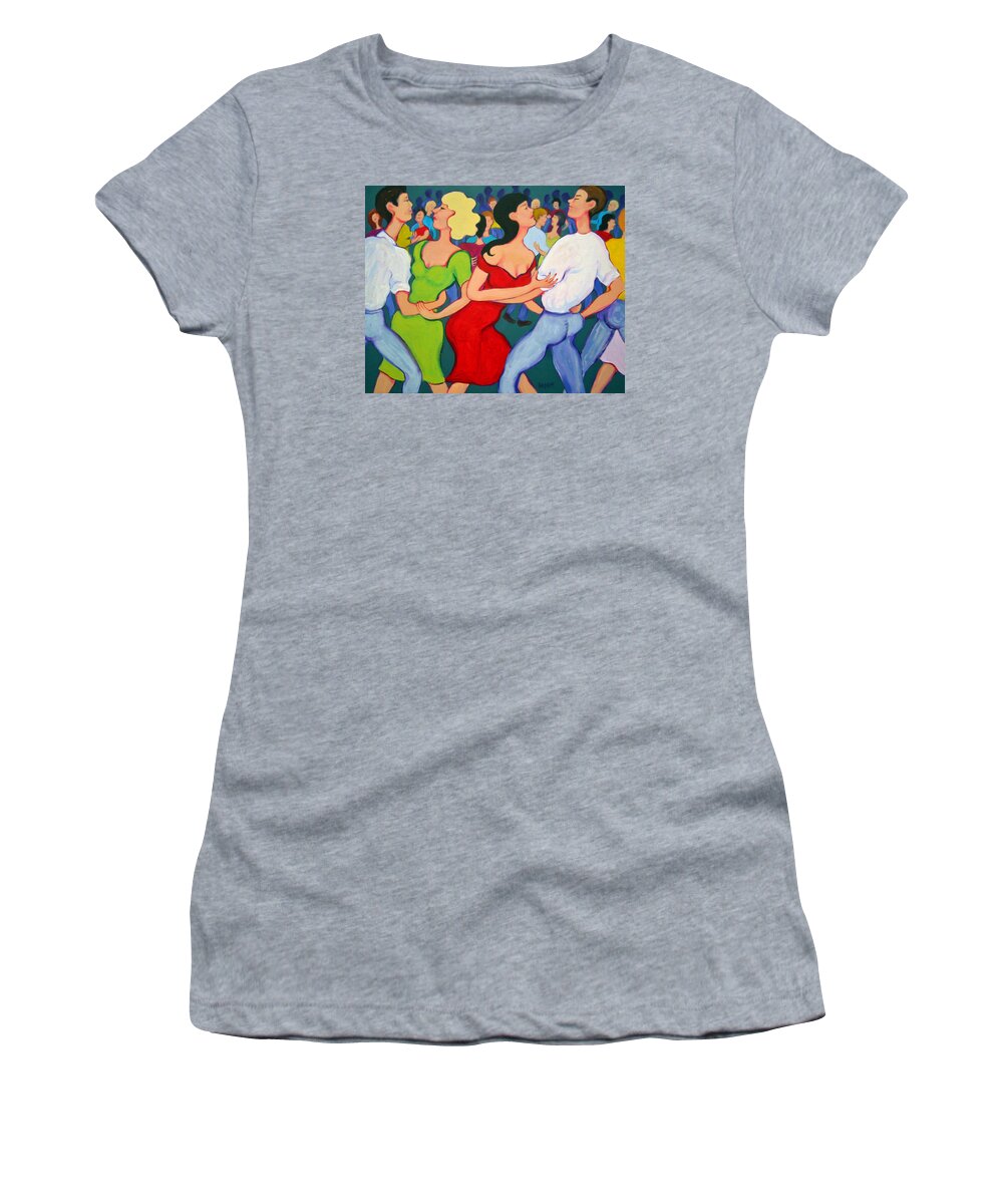 Cajun Dance Hall Women's T-Shirt featuring the painting Cajun Dance Hall - Two Stepping at Tees Place by Rebecca Korpita