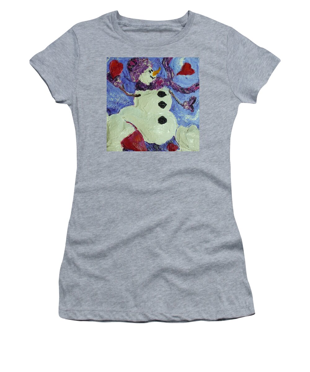 Snowman Women's T-Shirt featuring the painting Valentine's Day Hearts Snowman by Paris Wyatt Llanso