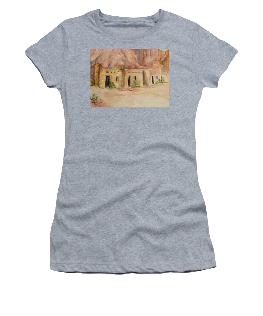 The Oldest Man-made Structures In The Valley Of Fire Women's T-Shirt featuring the painting Valley of Fire Cabins by Charme Curtin