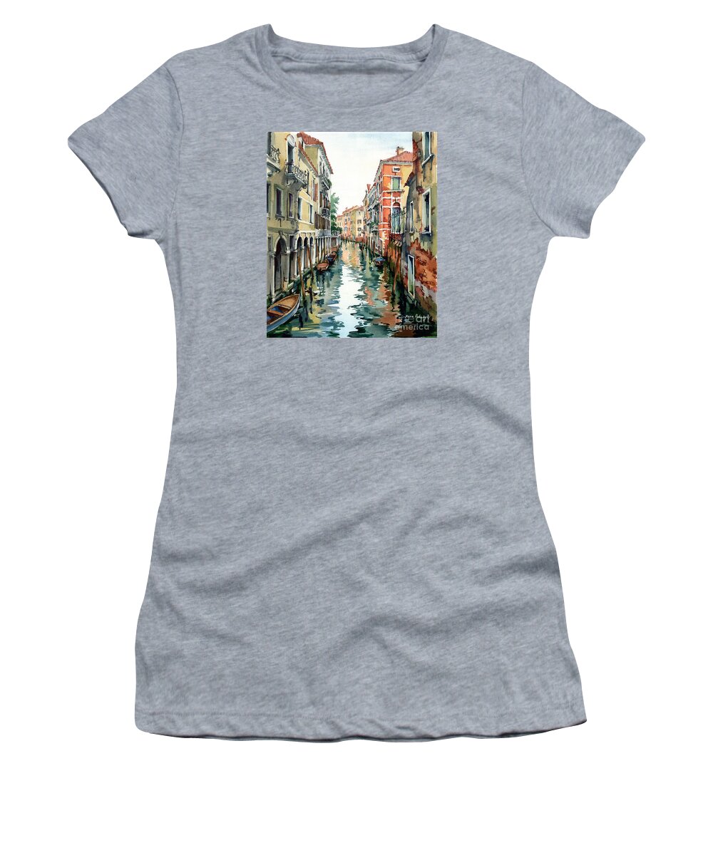 Venetian Canal Women's T-Shirt featuring the painting Venetian Canal VII by Maria Rabinky
