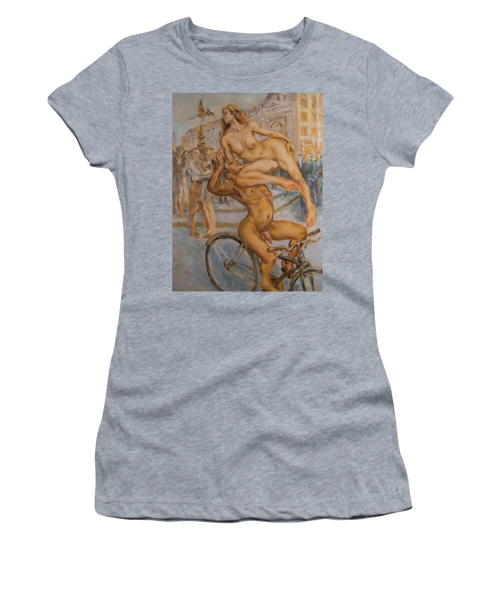 Nudes Women's T-Shirt featuring the painting Venus and Adonis cycling under Eros by Peregrine Roskilly