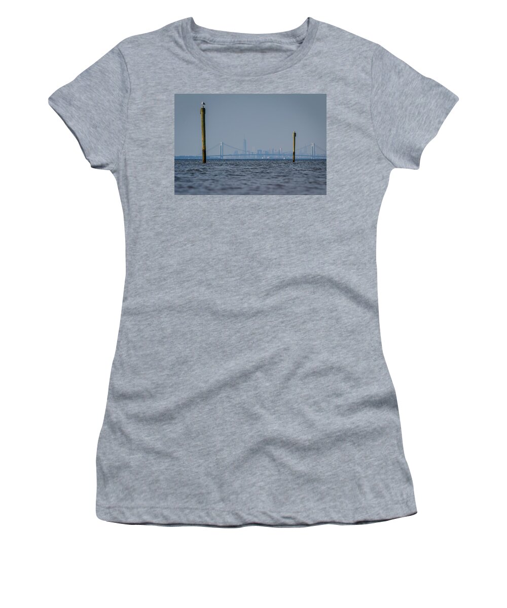 Bayshore Waterfront Women's T-Shirt featuring the photograph Verrazano-Narrows bridge and NYC skyline from Port Monmouth by SAURAVphoto Online Store