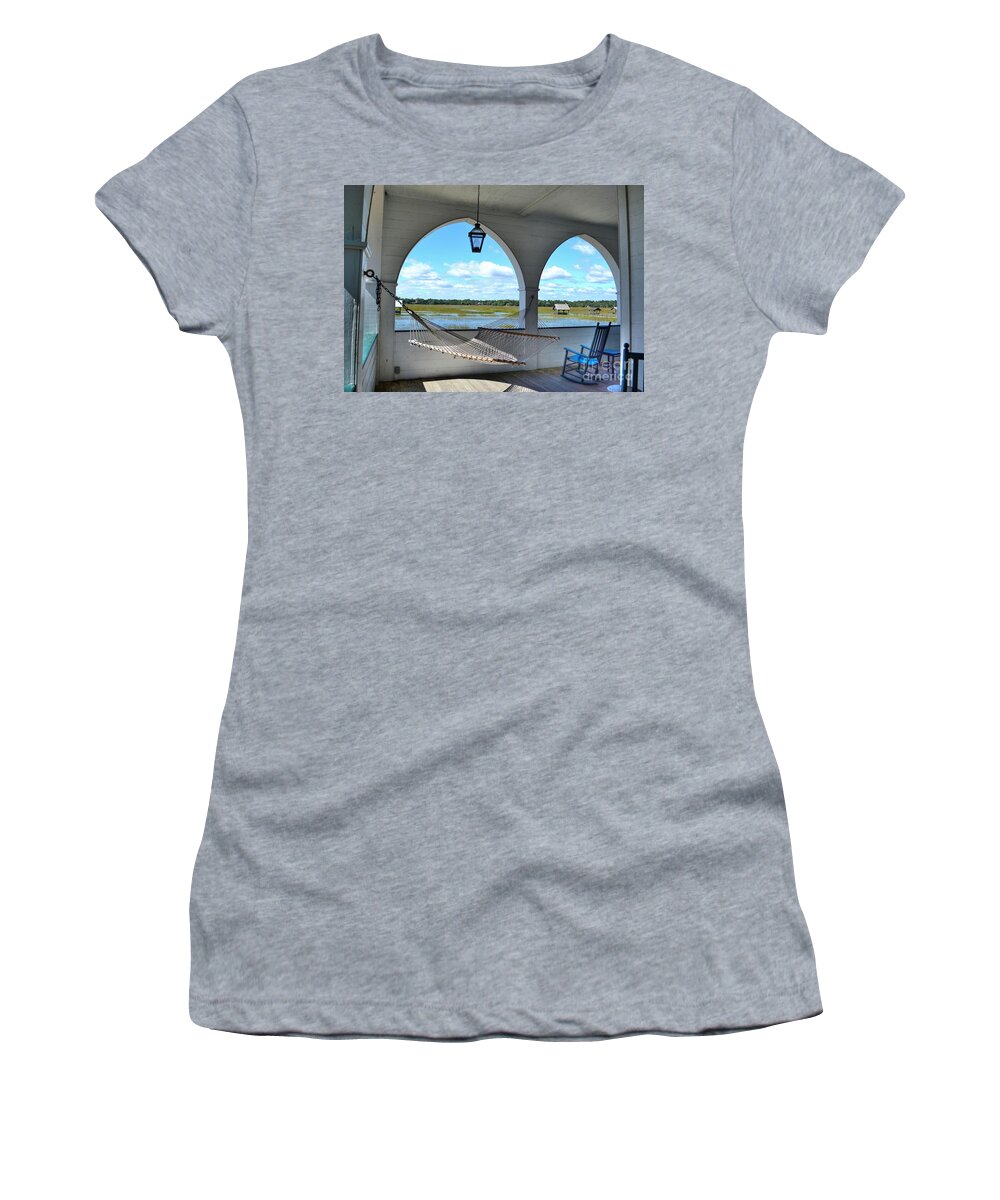 Scenic Women's T-Shirt featuring the photograph View Of The Marsh From The Pelican Inn by Kathy Baccari