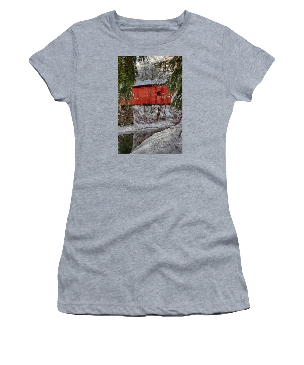 Covered Bridge Women's T-Shirt featuring the photograph View through the boughs of Vermont covered bridge by Jeff Folger