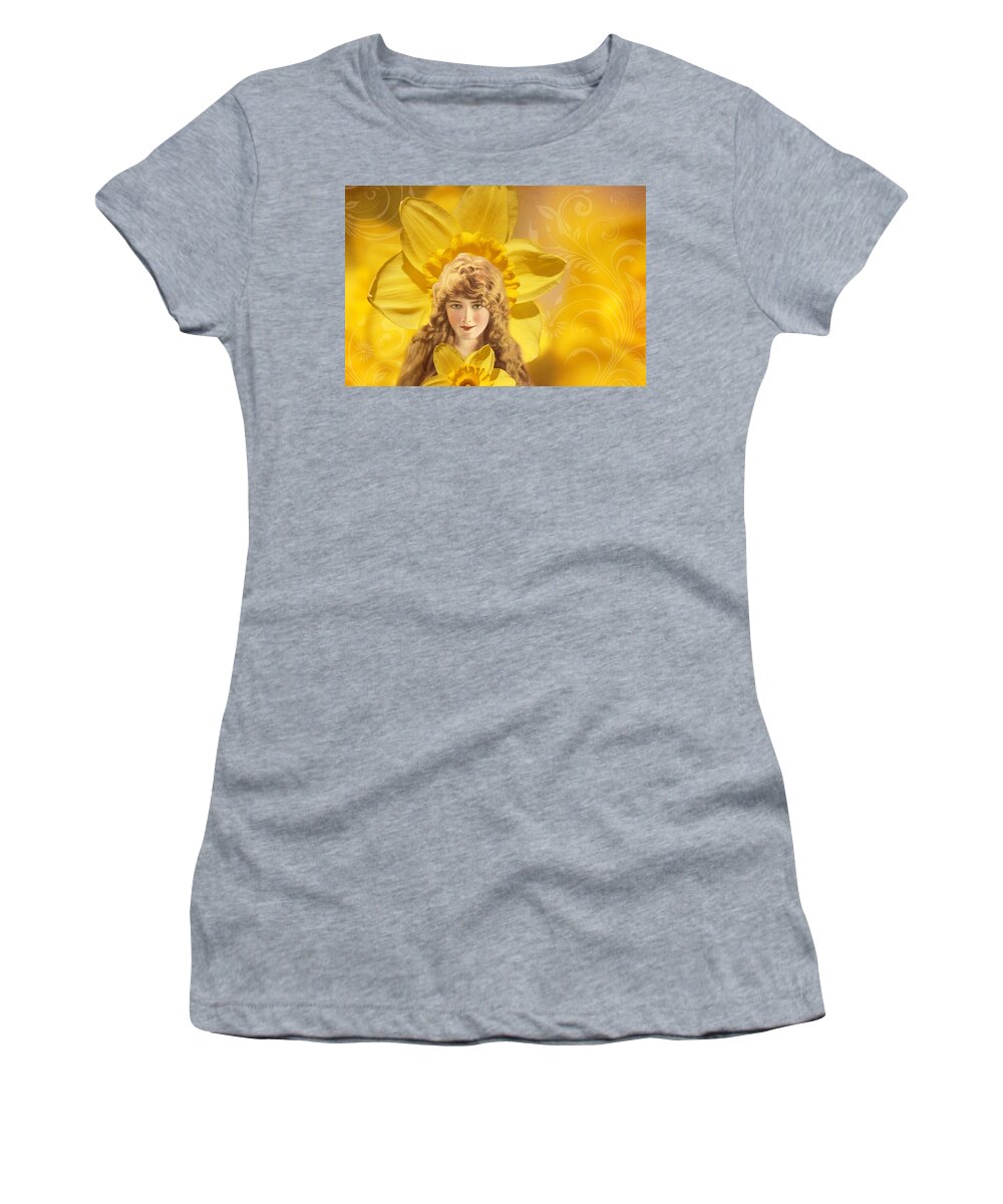 Vintage Collage Women's T-Shirt featuring the photograph Vintage Collage - Woman and Daffodils by Peggy Collins
