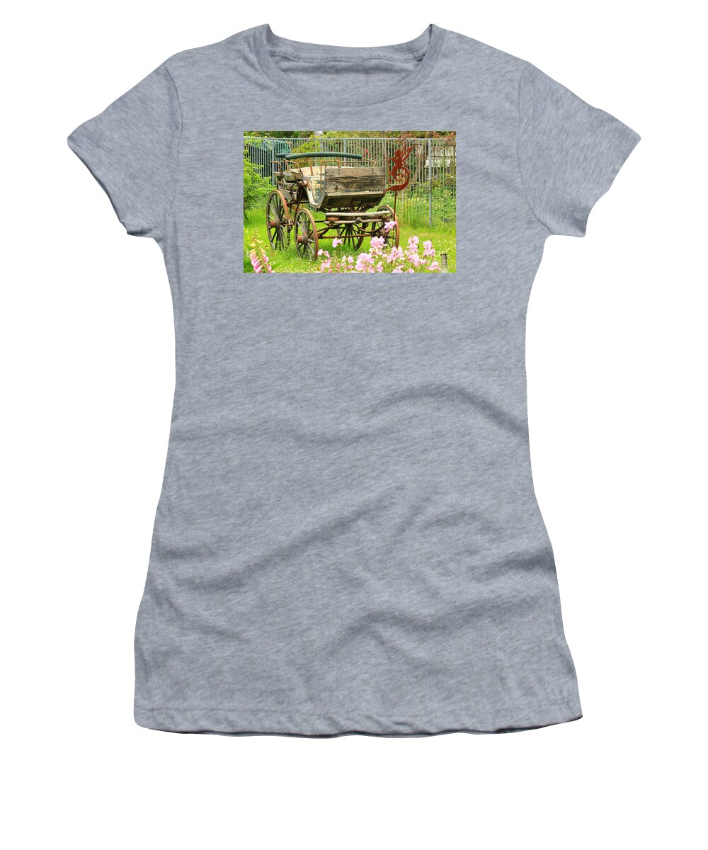 Aged Women's T-Shirt featuring the photograph Vintage horse carriage in a flower bed by Amanda Mohler