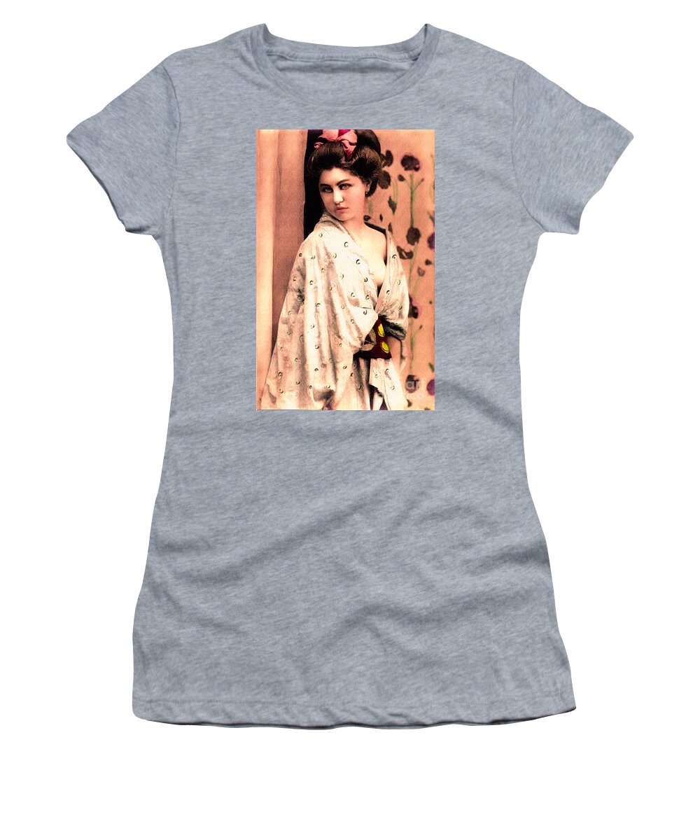 Vintage Women's T-Shirt featuring the photograph Vintage Lady In Kimono Peach by Lesa Fine