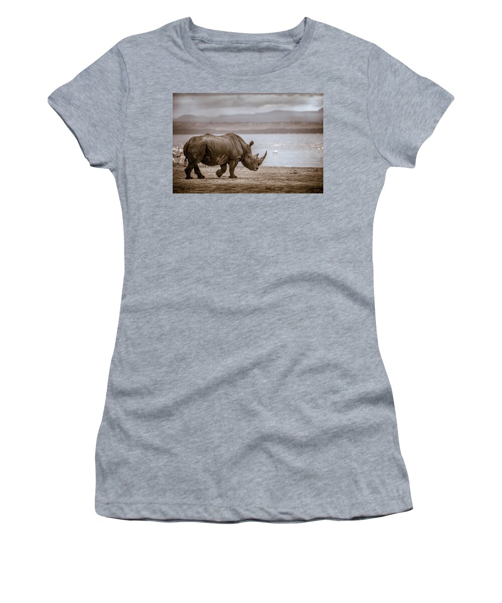#faatoppicks Women's T-Shirt featuring the photograph Vintage Rhino On The Shore by Mike Gaudaur