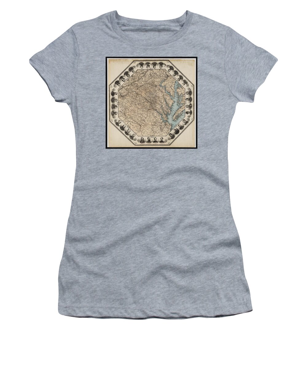 Virginia Map With Civil War Heroes Women's T-Shirt featuring the digital art Virginia Map with Civil War Heroes by Bill Cannon