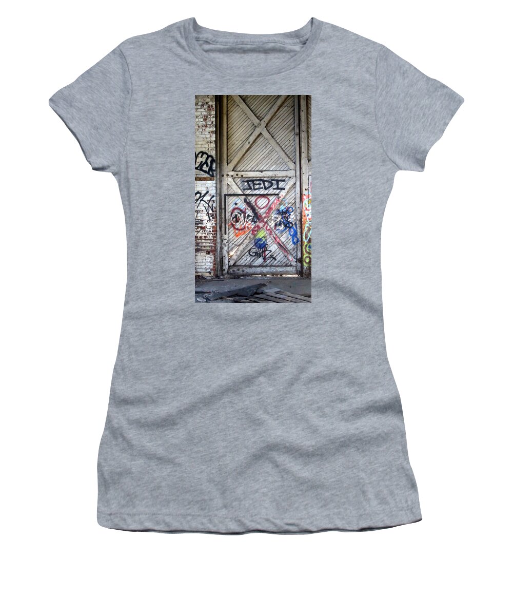 Abandoned Women's T-Shirt featuring the photograph Warehouse Door Graffiti JEDI by Anita Burgermeister