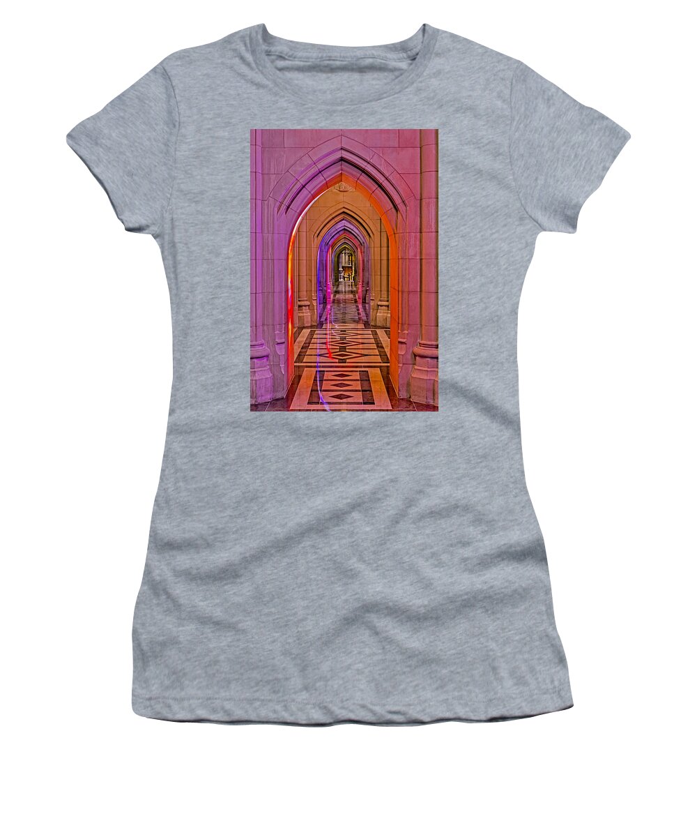 Washington Cathedral Women's T-Shirt featuring the photograph Washington Cathedral Light Show by Susan Candelario