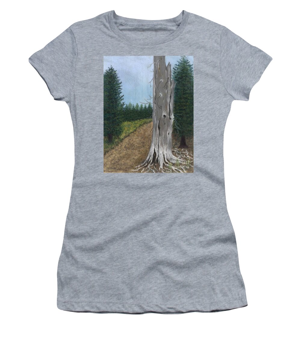Tree Women's T-Shirt featuring the painting Weathered Trunk by Ginny Neece