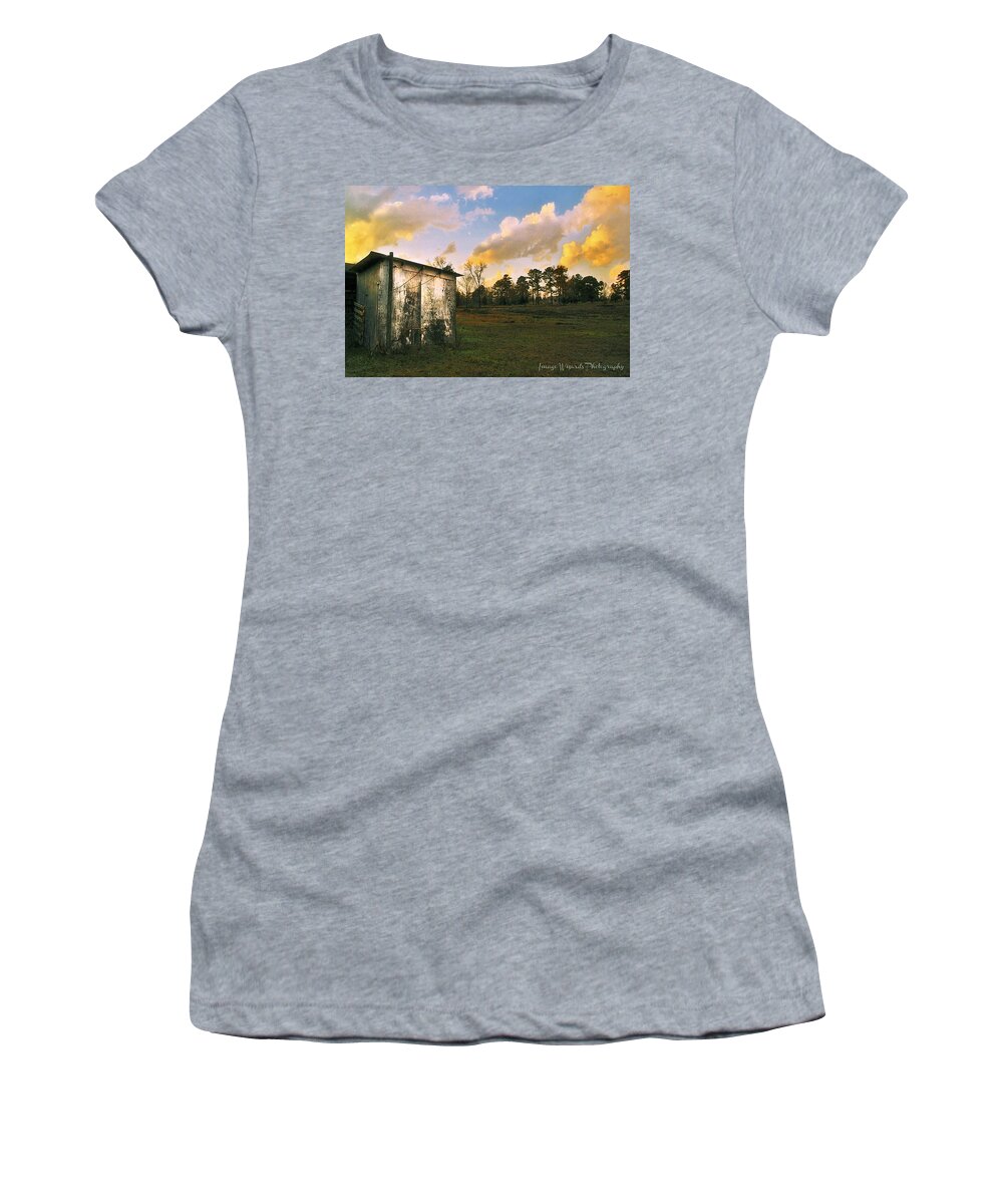 Rose Gold Clouds Women's T-Shirt featuring the digital art Old Well House And Rose Gold Clouds by Pamela Smale Williams