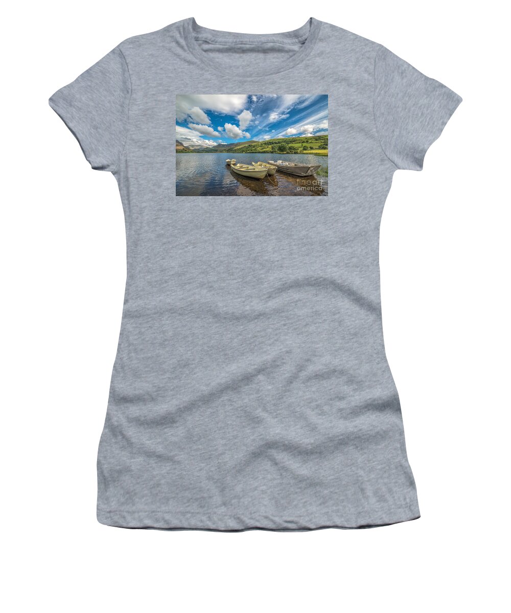 Llyn Nantlle Uchaf Women's T-Shirt featuring the photograph Welsh Boats by Adrian Evans