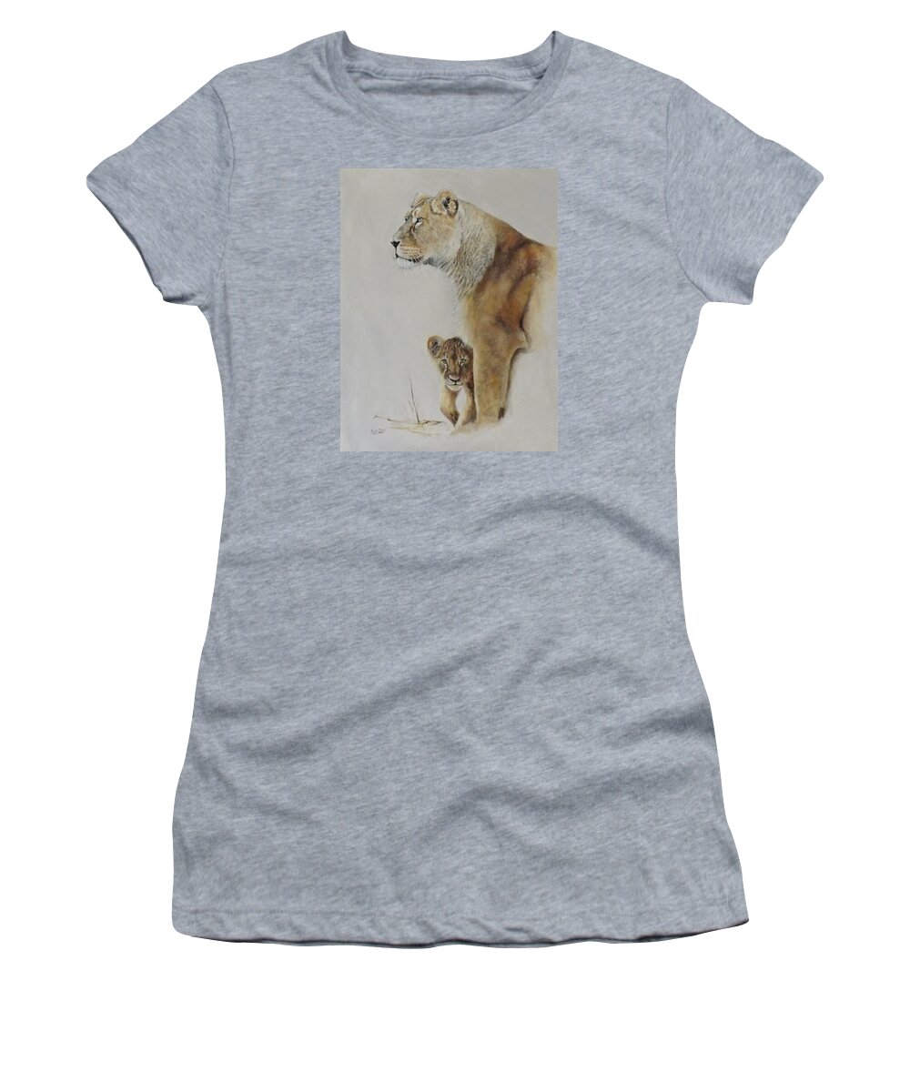 Lion. Lioness Women's T-Shirt featuring the painting What's Up Mum by Barry BLAKE