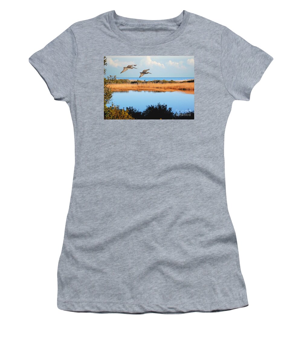 Pelicans Women's T-Shirt featuring the photograph Where The Marsh Meets The Atlantic by Kathy Baccari