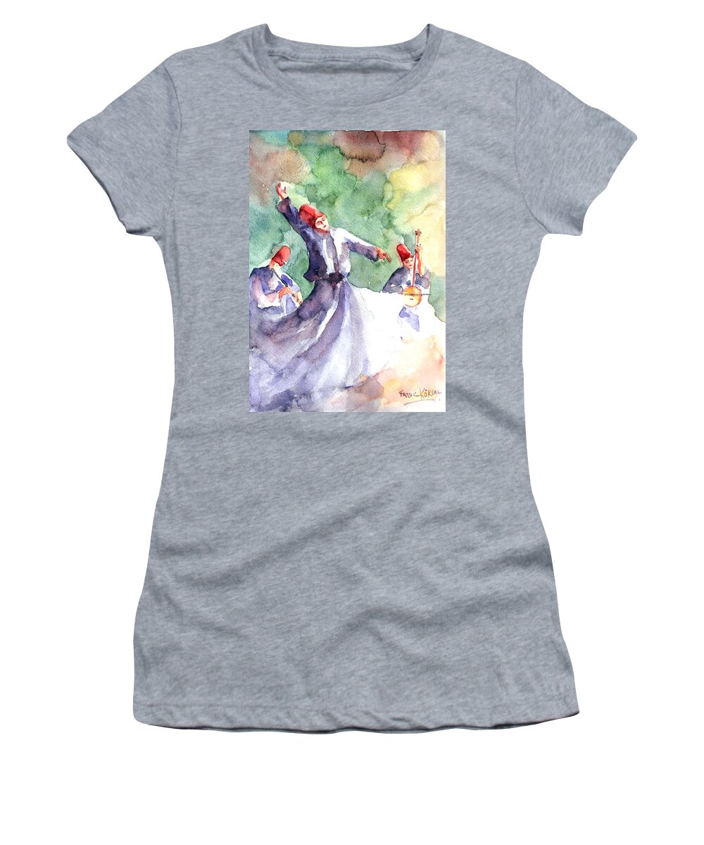 Dervishes Women's T-Shirt featuring the painting Whirling Dervishes by Faruk Koksal