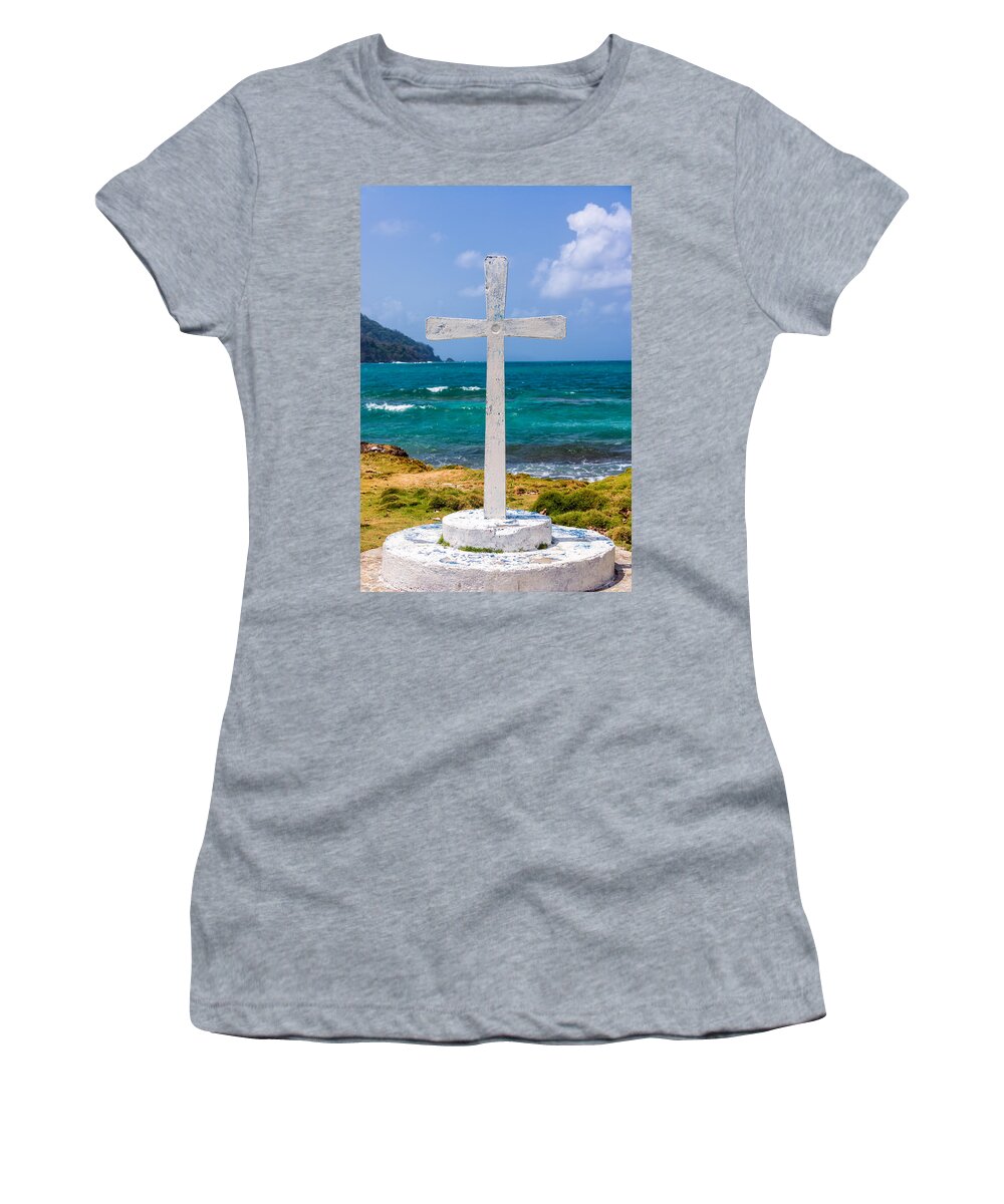 Capurgana Women's T-Shirt featuring the photograph White Cross and Sea by Jess Kraft