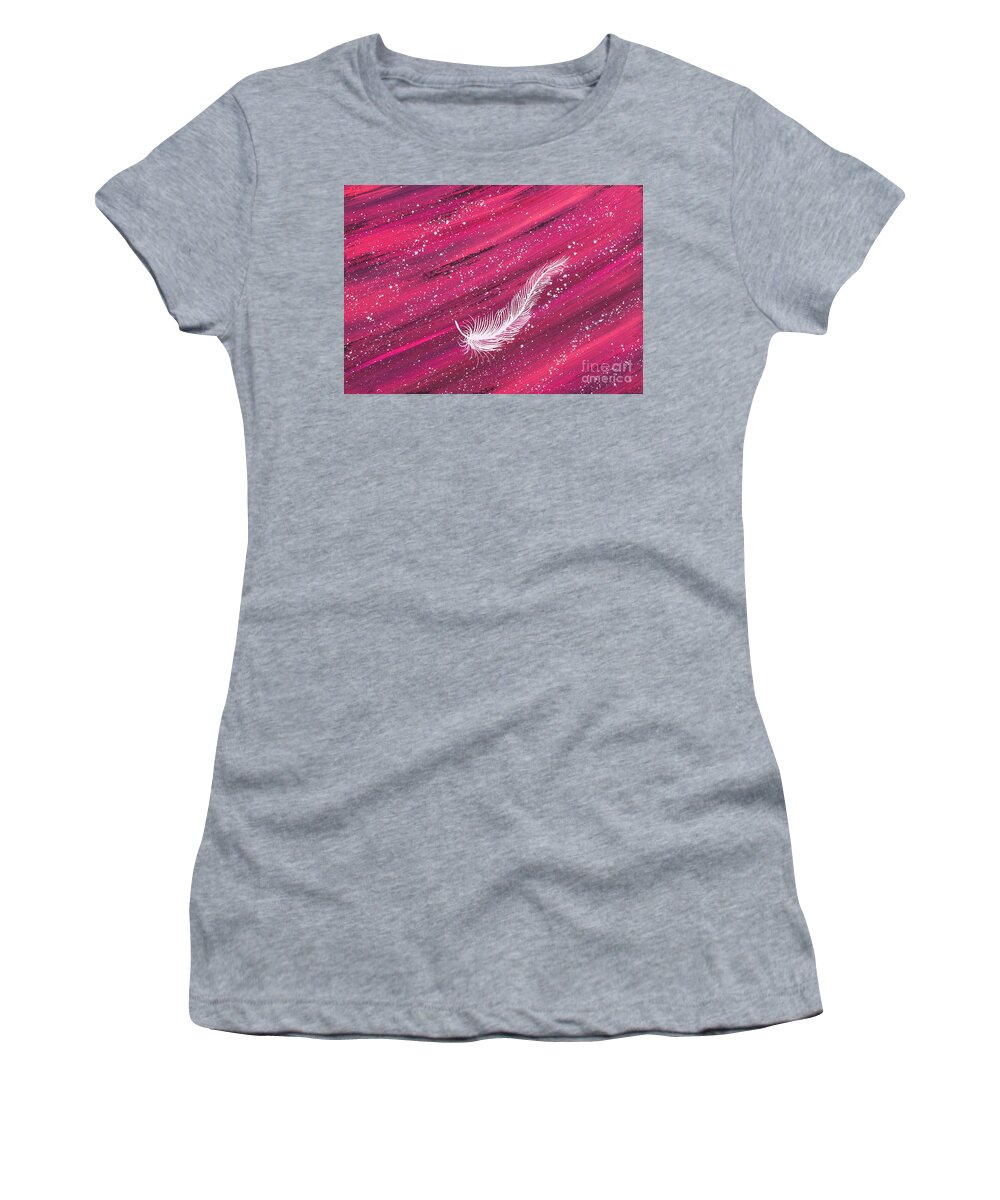 Feather Women's T-Shirt featuring the painting White spiritual feather on pink streak by Carolyn Bennett by Simon Bratt