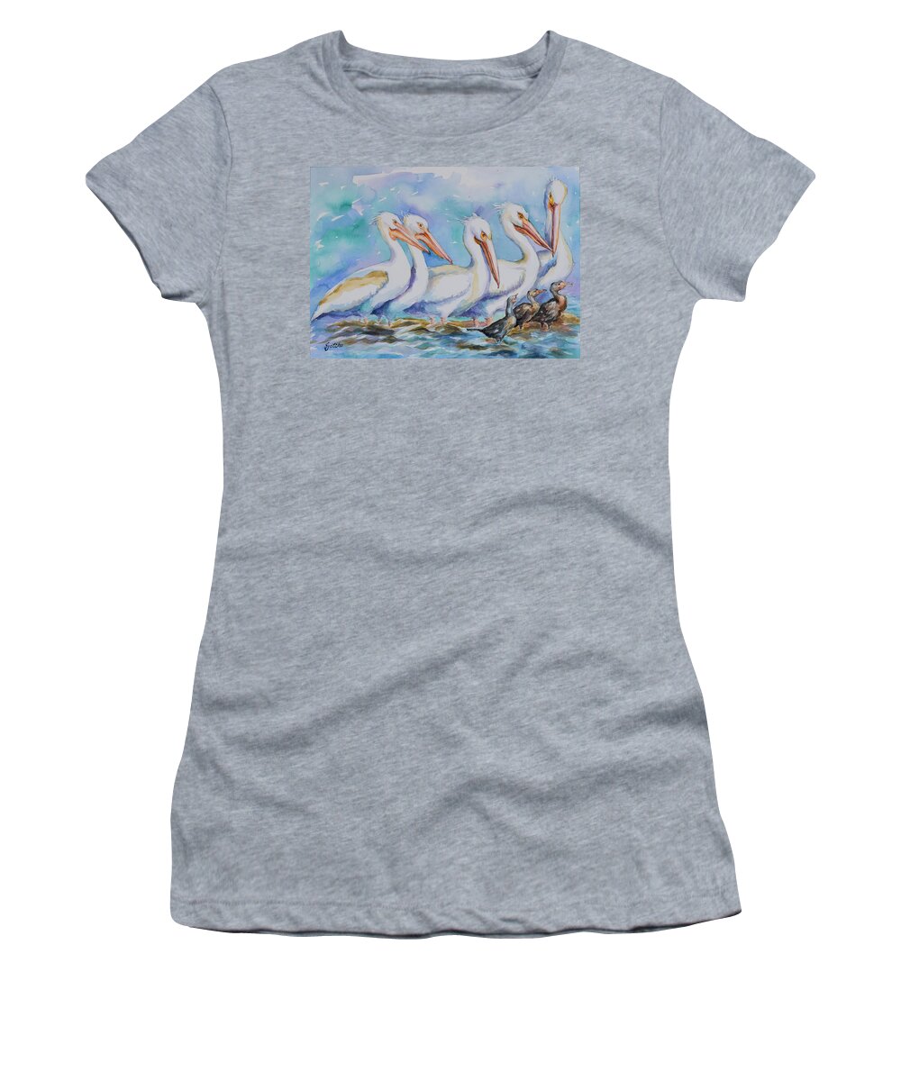 White Pelicans Women's T-Shirt featuring the painting White Pelicans by Jyotika Shroff