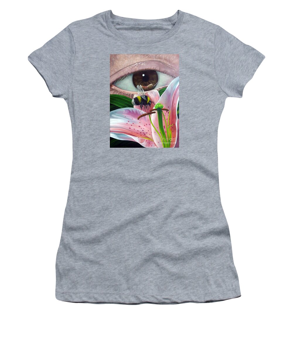 Bumble Bee Women's T-Shirt featuring the painting White Tailed Bumble Bee Upon Lily Flower by Christopher Shellhammer