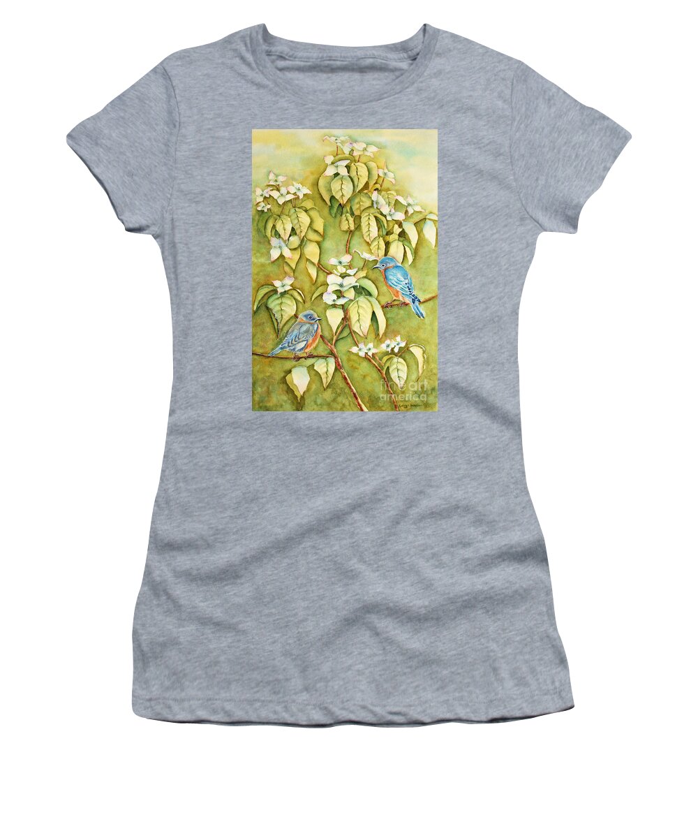 Bluebirds Women's T-Shirt featuring the painting Wild Blues In White Dogwood 2 by Kathryn Duncan