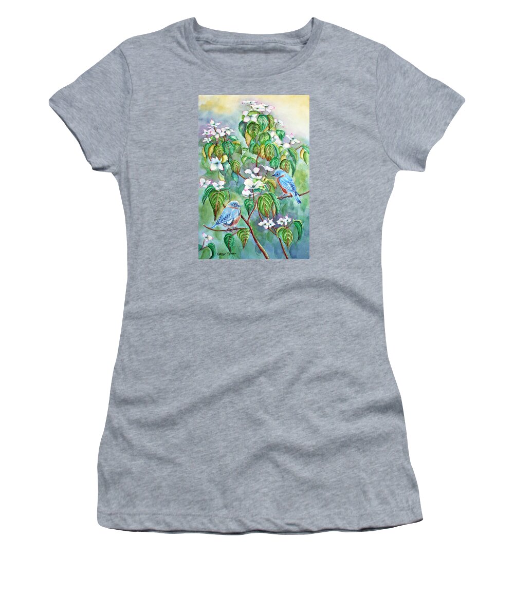Wild Birds Women's T-Shirt featuring the painting Wild Blues in White Dogwood by Kathryn Duncan
