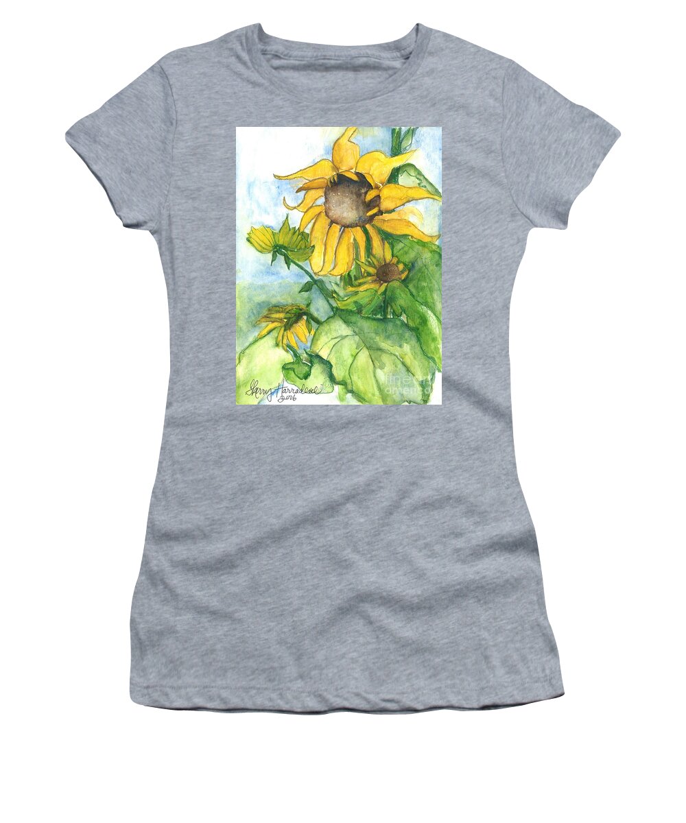Orchards Women's T-Shirt featuring the painting Wild Sunflowers by Sherry Harradence