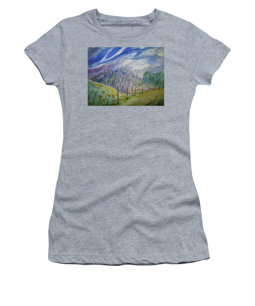 Windy Sky Women's T-Shirt featuring the painting Wild Winds by Ellen Levinson