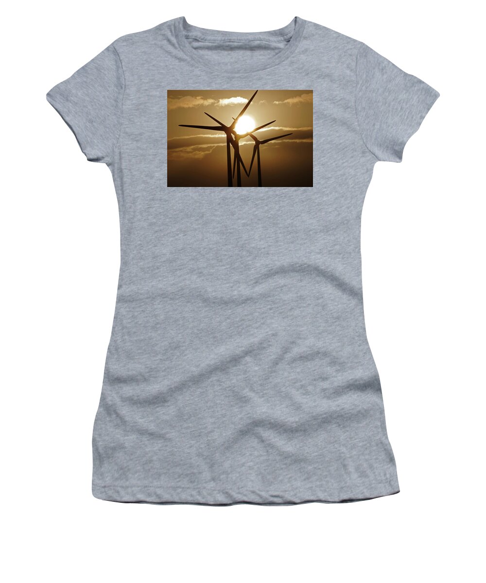 Air Women's T-Shirt featuring the photograph Wind turbines silhouette against a sunset by Steve Ball