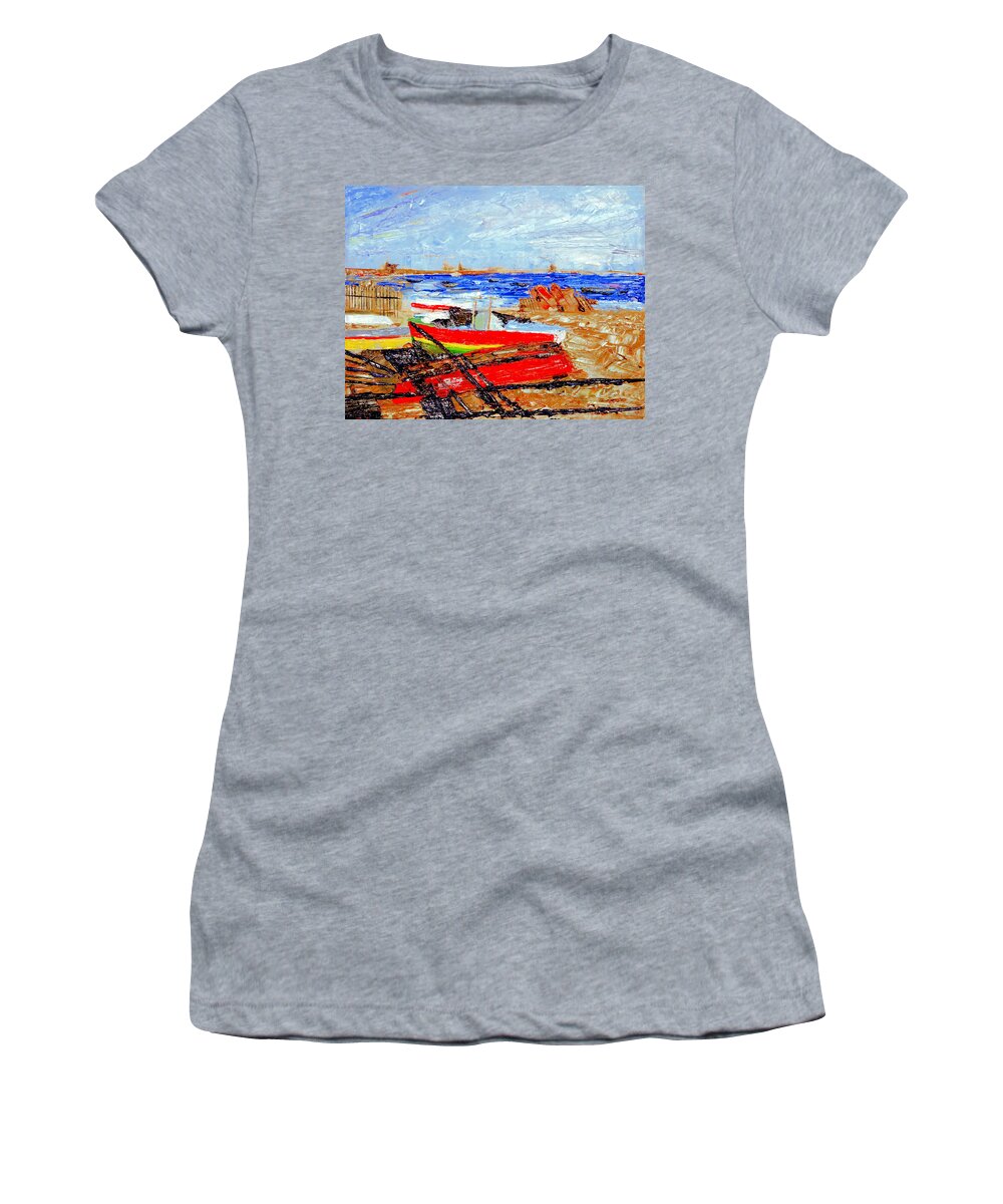 Boat Water Sea Bay Sand Shadow Women's T-Shirt featuring the painting Winter at Provincetown by Michael Daniels